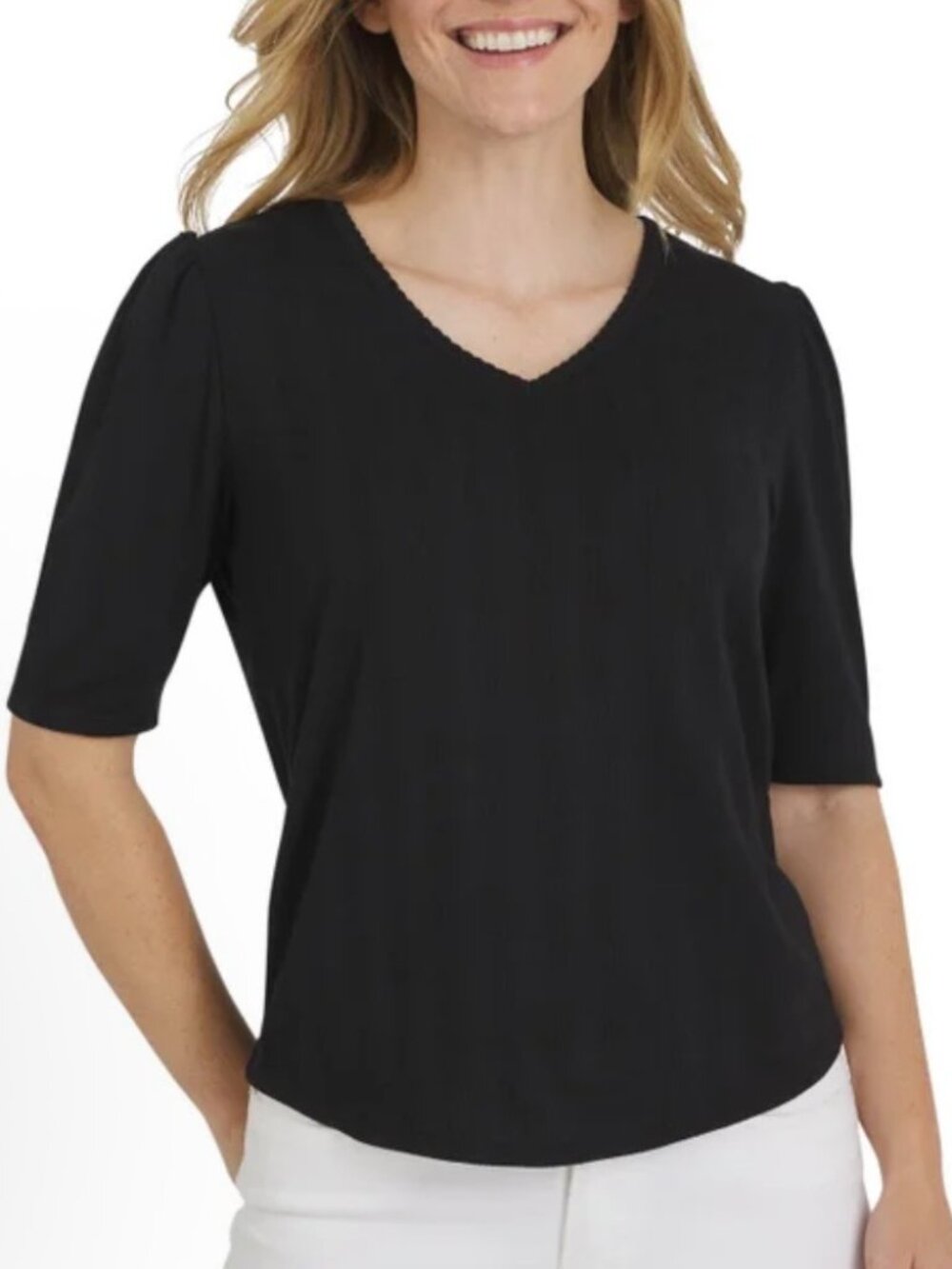 Lands' End Women's Black (Black Onyx) Pointelle Elbow Sleeve Top